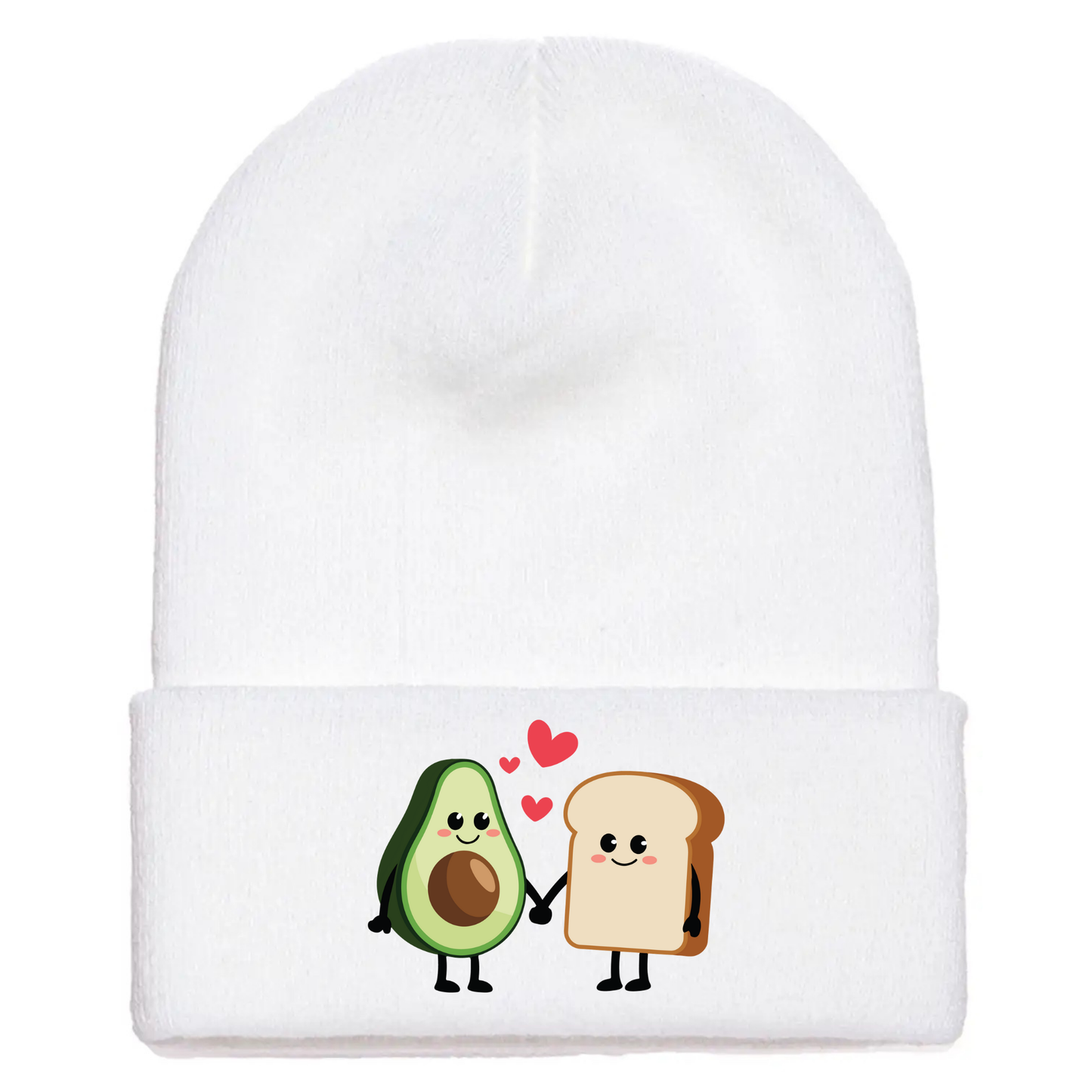 White acrylic beanie with cartoon avocado toast characters holding hands, smiling, with red hearts floating above them.