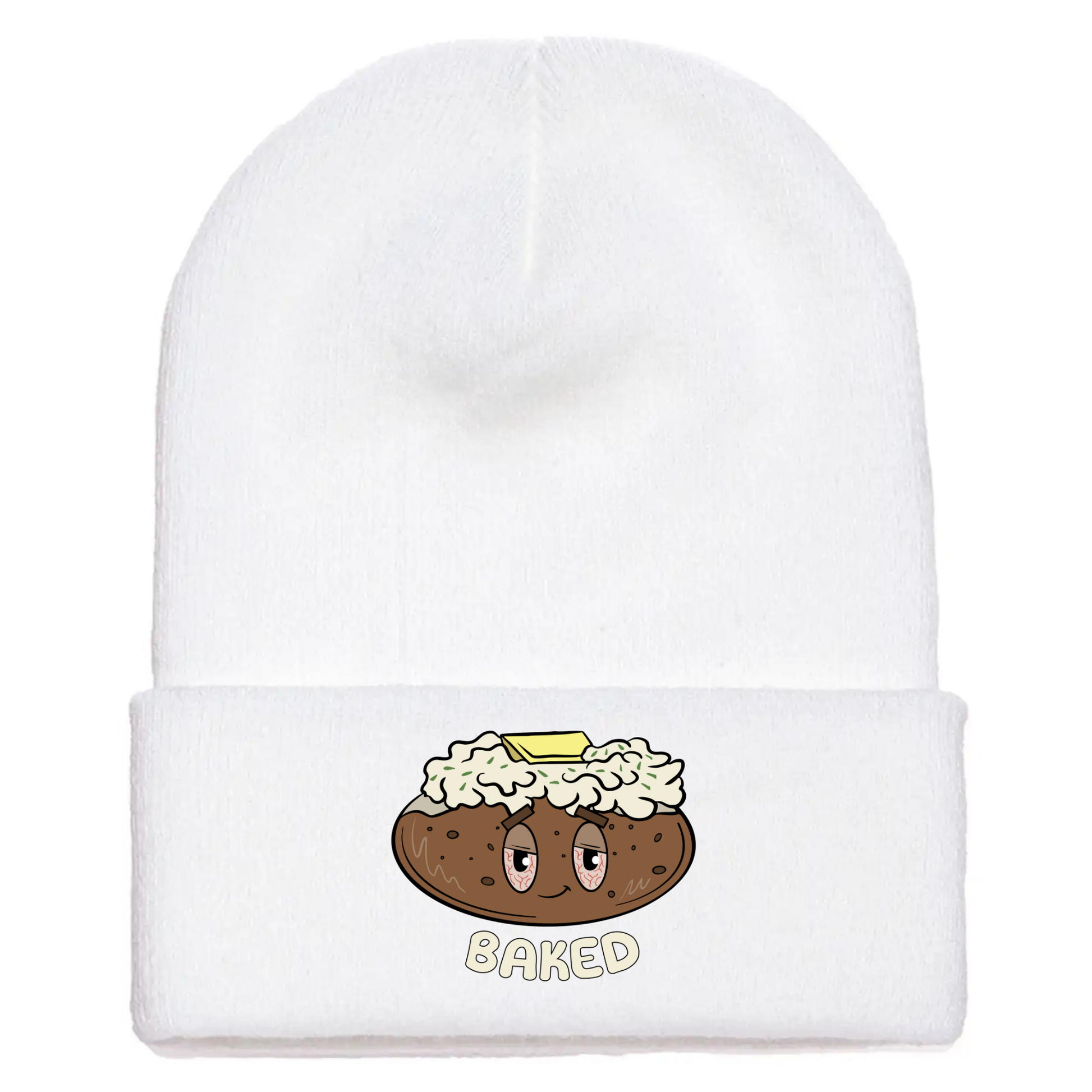 White acrylic beanie with a cartoon baked potato with sour cream, butter, tired eyes, and the word "BAKED" underneath.