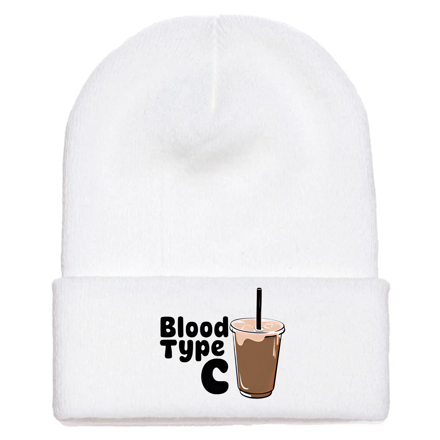White cuffed beanie made of acrylic material with an image of an ice coffee and the phrase “Blood Type C”.