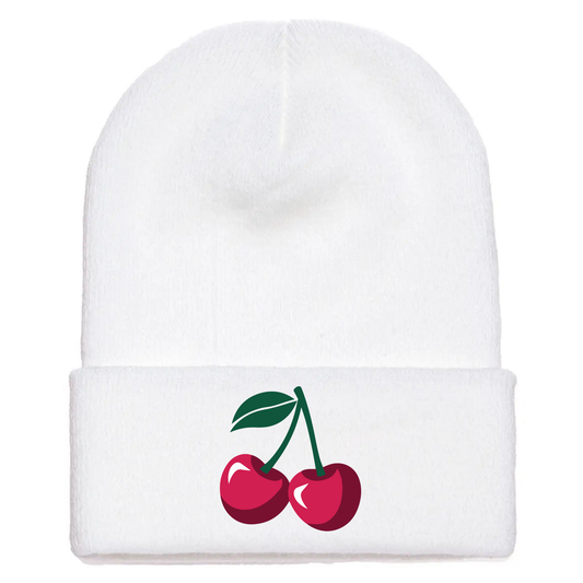 White acrylic beanie with image of two cartoon red cherries and a green stem.