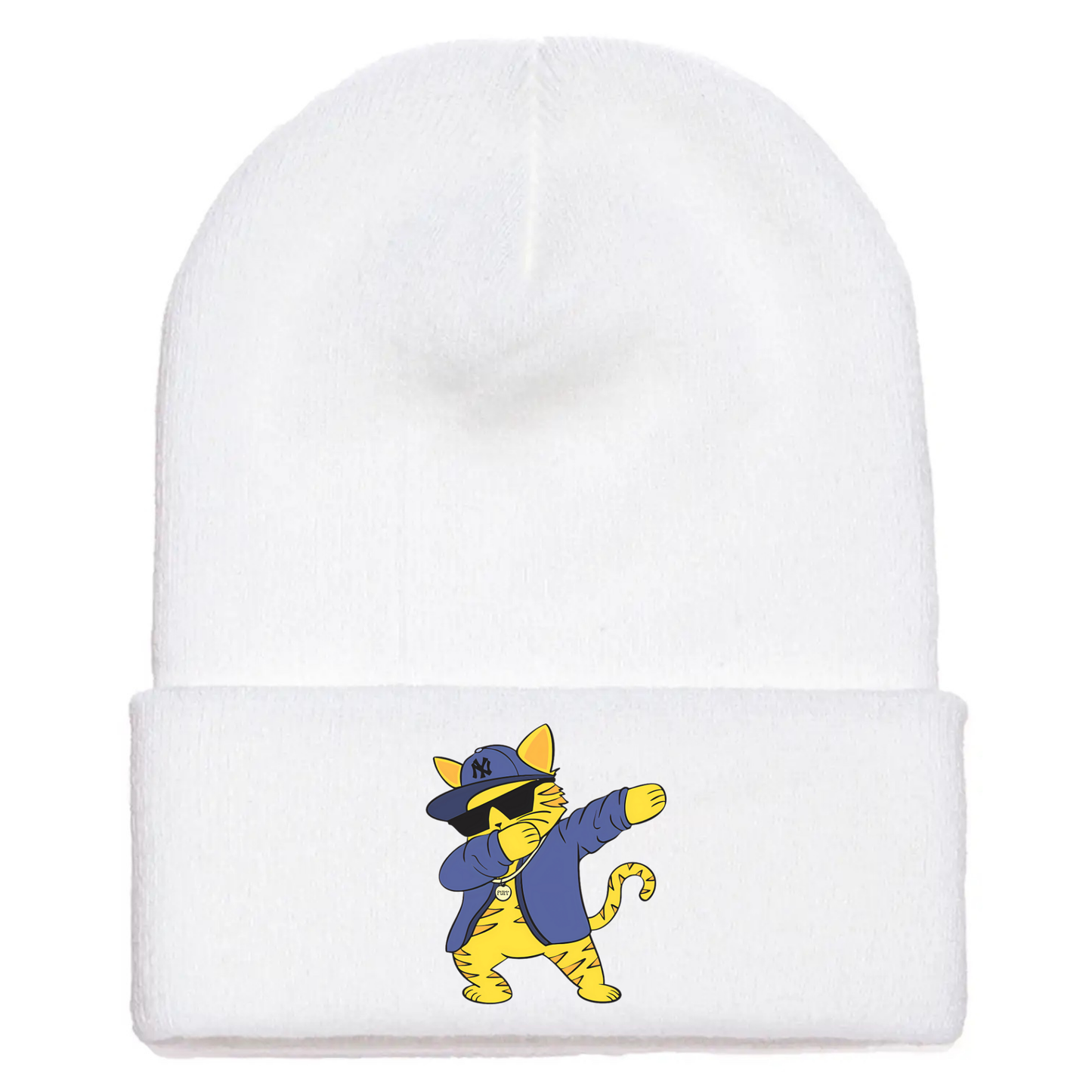 White cuffed beanie made of acrylic material with a cartoon cat dabb dancing in streetwear style.