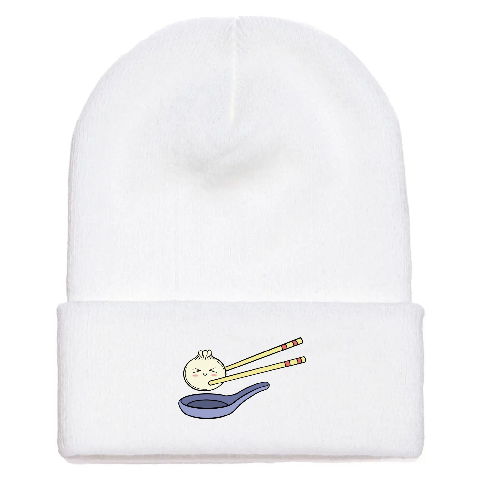 White acrylic cuffed beanie with a cute cartoon dumpling held by chopsticks over a blue soup spoon.