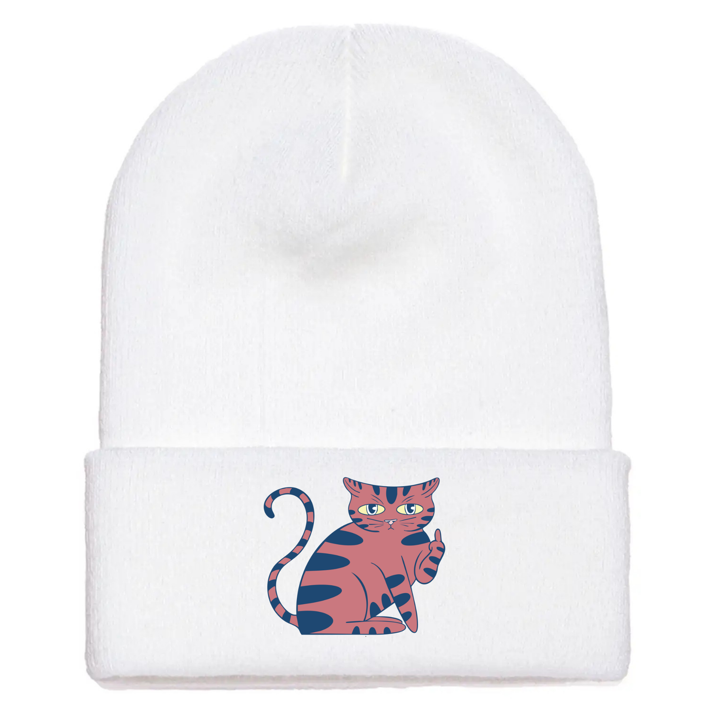 White cuffed beanie made of acrylic material with a cartoon cat sitting giving the middle finger.