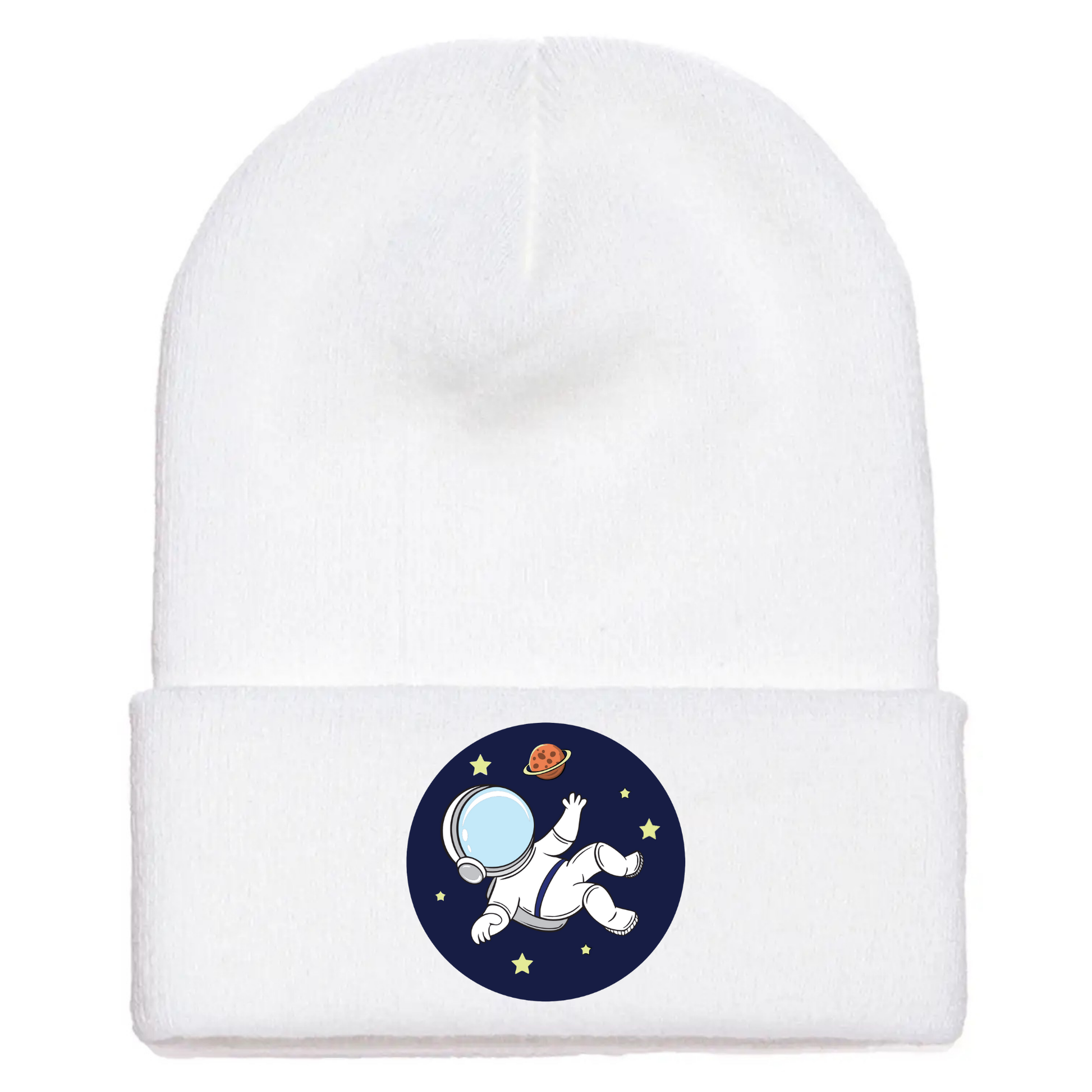 White acrylic beanie with a cartoon astronaut floating in space, surrounded by stars and a red planet on a blue circle.