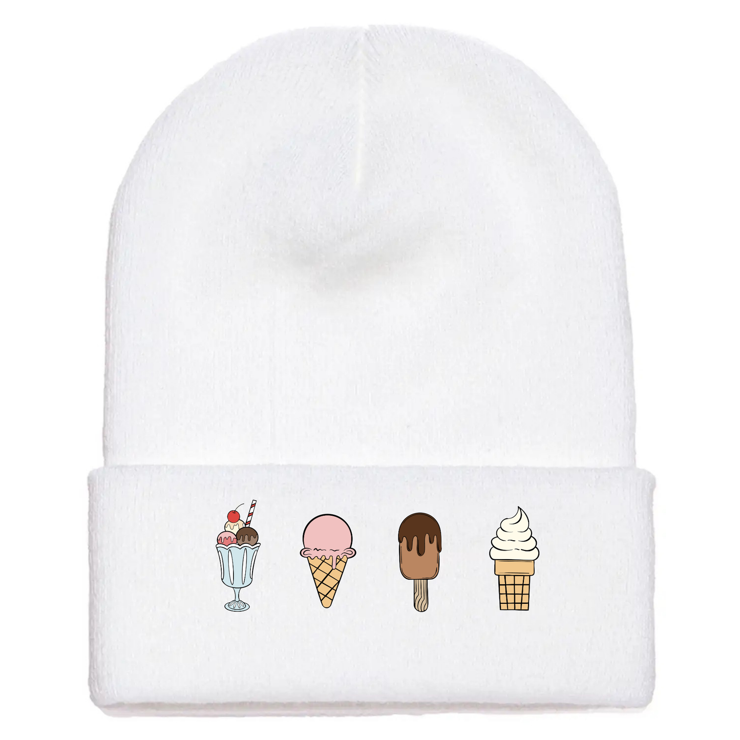 White acrylic cuffed beanie with four cartoon ice cream designs: sundae, cone, chocolate bar, and soft serve.