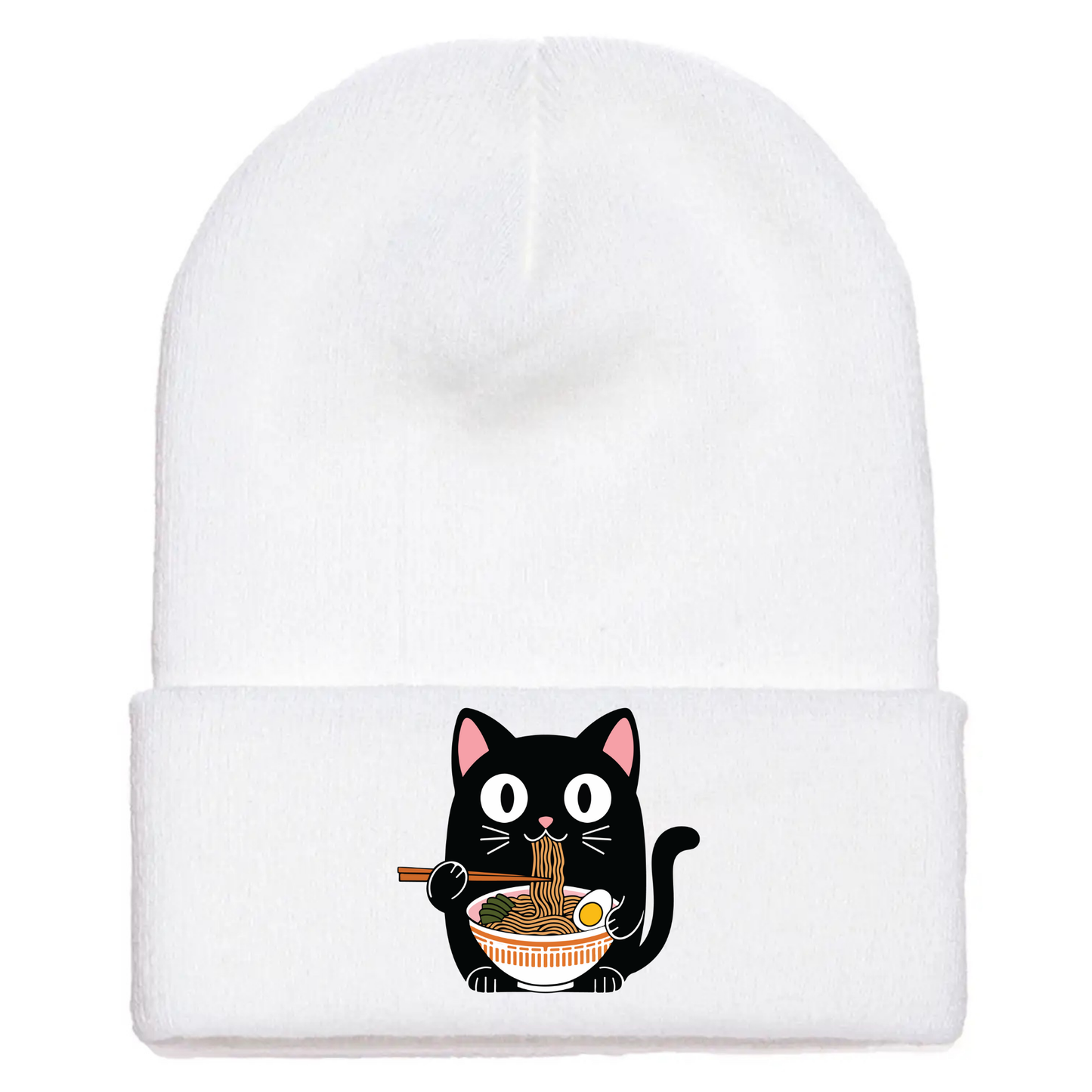 White acrylic cuffed beanie with cartoon cat eating a a bowl of ramen.