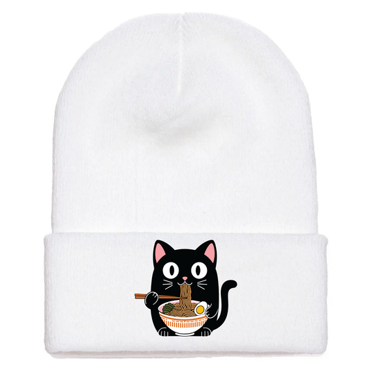 White acrylic cuffed beanie with cartoon cat eating a a bowl of ramen.
