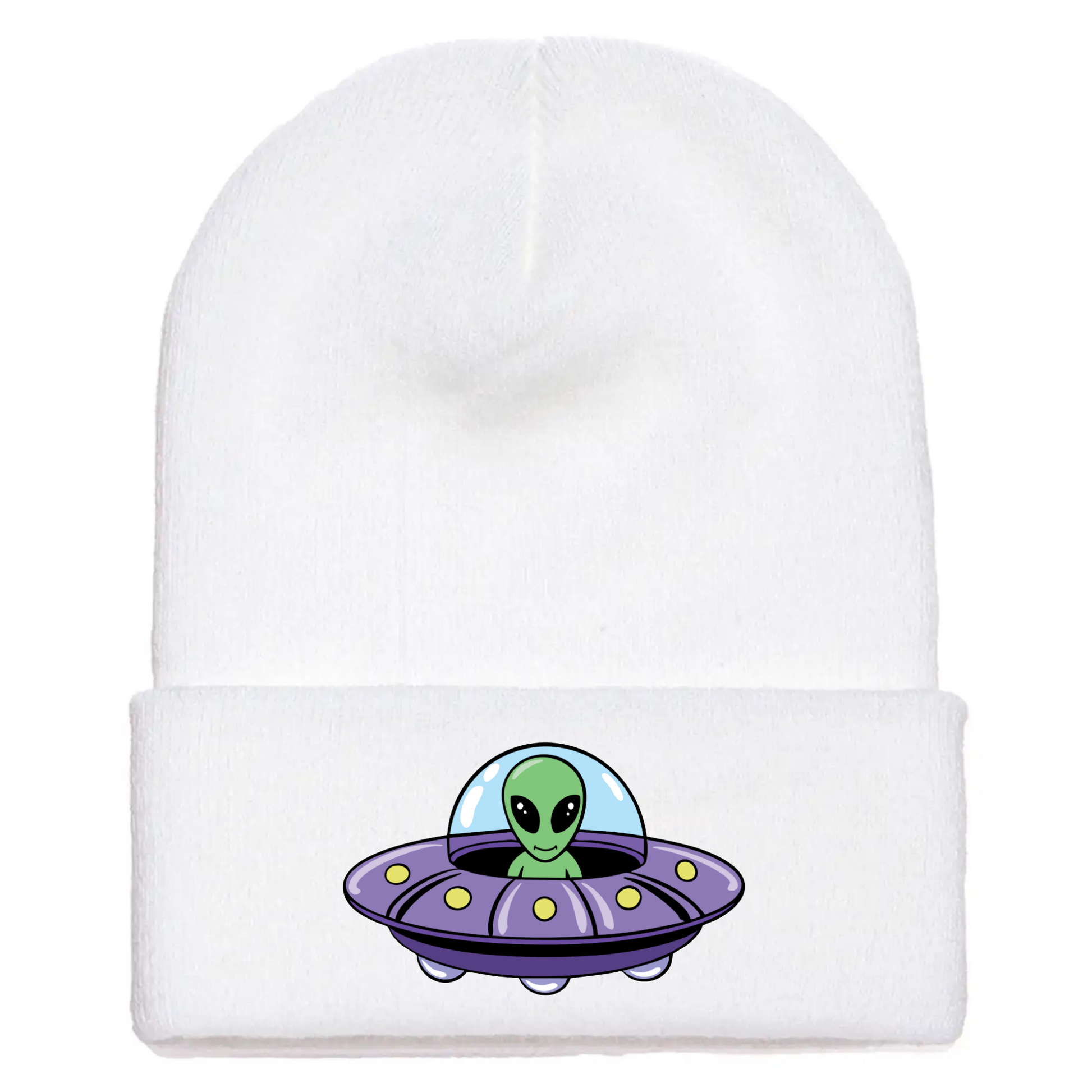 White acrylic beanie featuring a cartoon alien inside a purple flying saucer with yellow lights and a blue dome.
