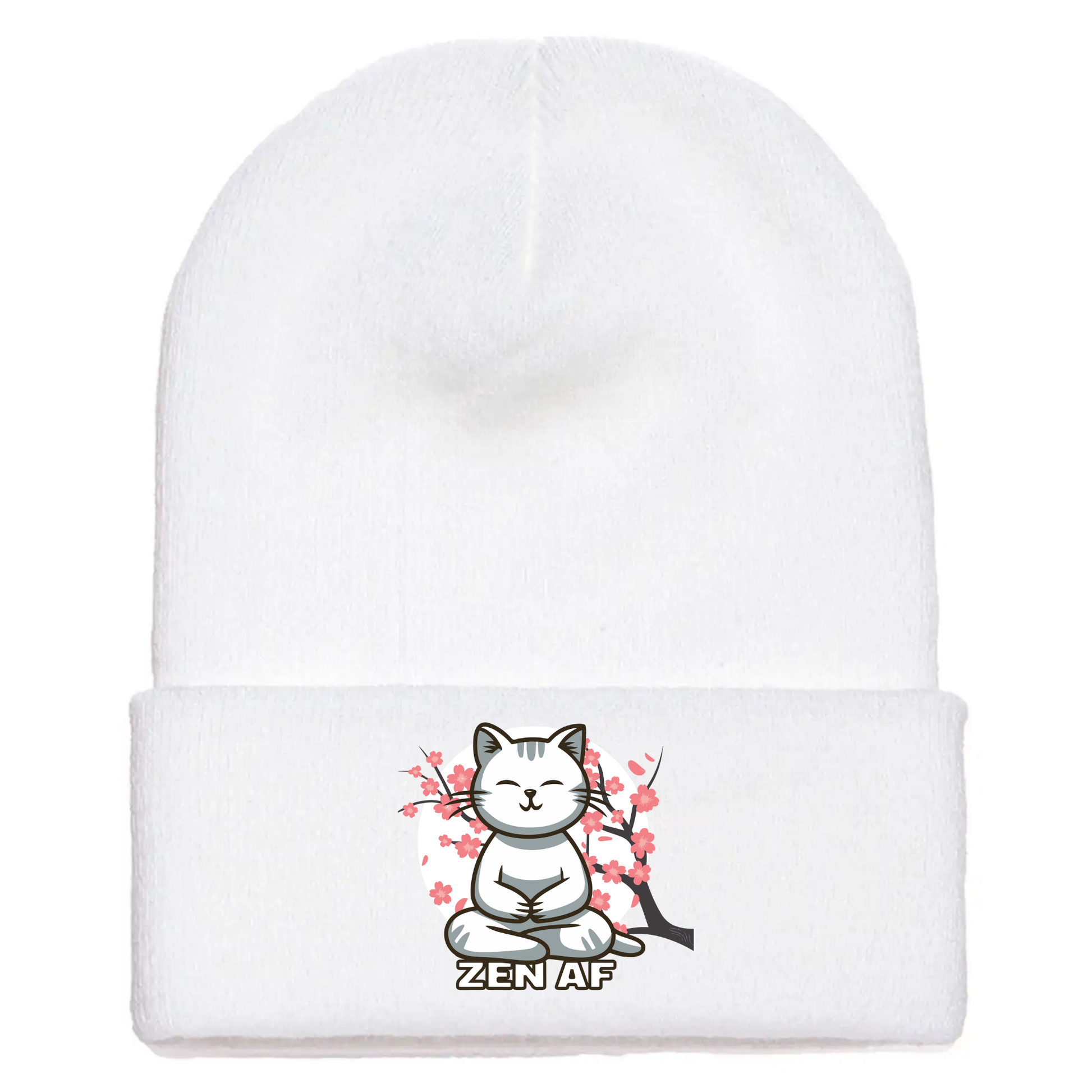 White cuffed beanie made of acrylic material with a meditating cartoon cat with cherry blossoms and the phrase “ZEN AF” below